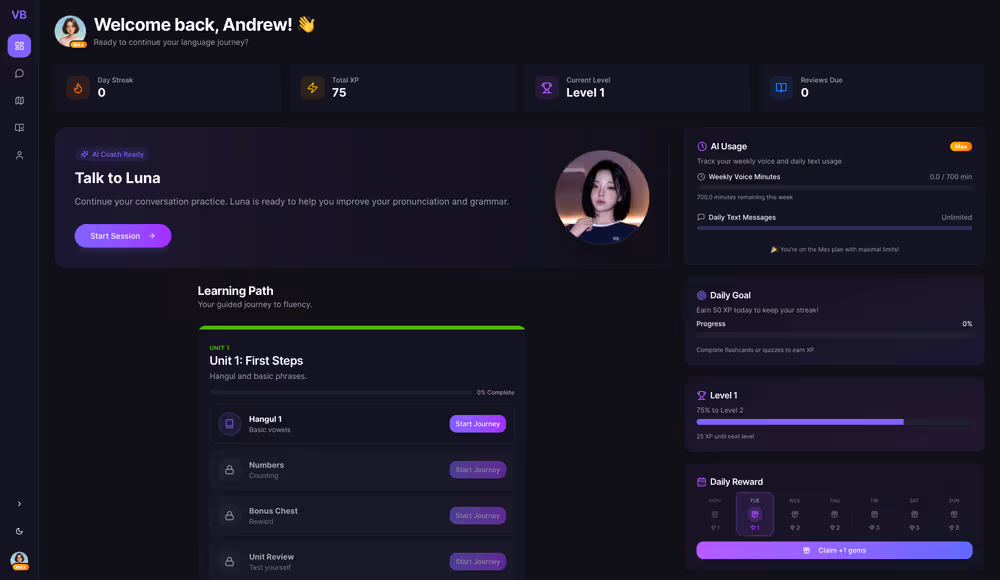 Verbo AI language learning platform dashboard