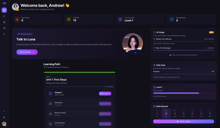 Verbo AI language learning platform dashboard